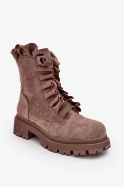 Zamszowe Ocieplane Botki Workery Na Płaskim Obcasie Ciemnobeżowe Nacelle Damskie Botki Zimowe Damskie|Brązowe I Beżowe Botki