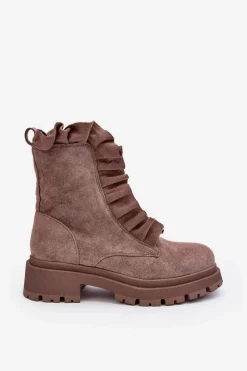 Zamszowe Ocieplane Botki Workery Na Płaskim Obcasie Ciemnobeżowe Nacelle Damskie Botki Zimowe Damskie|Brązowe I Beżowe Botki