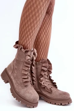 Zamszowe Ocieplane Botki Workery Na Płaskim Obcasie Ciemnobeżowe Nacelle Damskie Botki Zimowe Damskie|Brązowe I Beżowe Botki