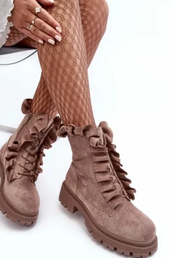 Zamszowe Ocieplane Botki Workery Na Płaskim Obcasie Ciemnobeżowe Nacelle Damskie Botki Zimowe Damskie|Brązowe I Beżowe Botki