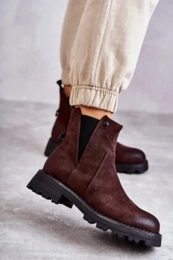 Botki Zimowe Damskie|Brązowe I Beżowe Botki>Boto Zamszowe Ocieplane Botki Workery Na Płaskim Obcasie Brązowe Salome