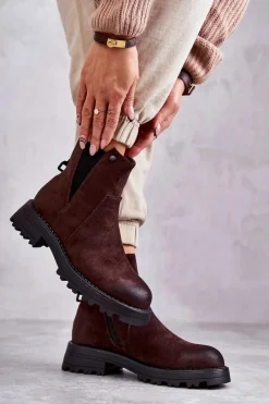 Botki Zimowe Damskie|Brązowe I Beżowe Botki>Boto Zamszowe Ocieplane Botki Workery Na Płaskim Obcasie Brązowe Salome