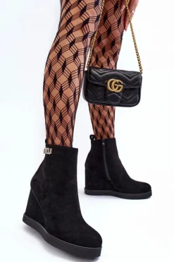 Discount Boto Zamszowe Ocieplane Botki Na Koturnie Z Ozdobą Czarne Vere