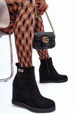 Discount Boto Zamszowe Ocieplane Botki Na Koturnie Z Ozdobą Czarne Vere