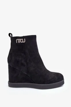 Discount Boto Zamszowe Ocieplane Botki Na Koturnie Z Ozdobą Czarne Vere