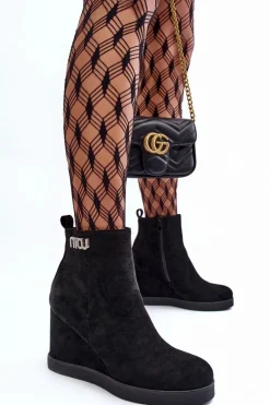 Discount Boto Zamszowe Ocieplane Botki Na Koturnie Z Ozdobą Czarne Vere