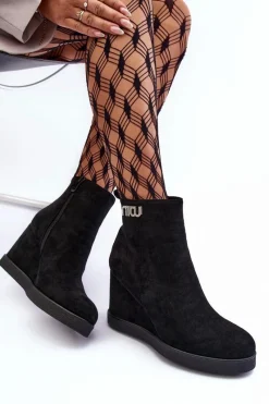 Discount Boto Zamszowe Ocieplane Botki Na Koturnie Z Ozdobą Czarne Vere