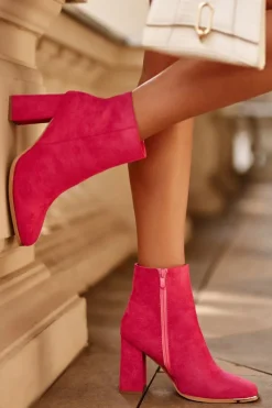 Sale Zamszowe Ocieplane Botki Na Słupku Fuksja Lamirena Damskie Brązowe I Beżowe Botki|Botki Na Obcasie