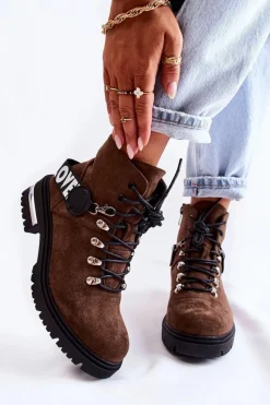 Botki Ocieplane|Damskie Trapery>Boto Zamszowe Ocieplane Botki Z Paskiem Ciemnobrązowe Aurelio