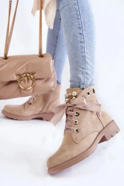 Botki Sznurowane|Botki Zimowe Damskie>Boto Zamszowe Ocieplane Botki Na Suwak Z Perłami Beżowe Raiso