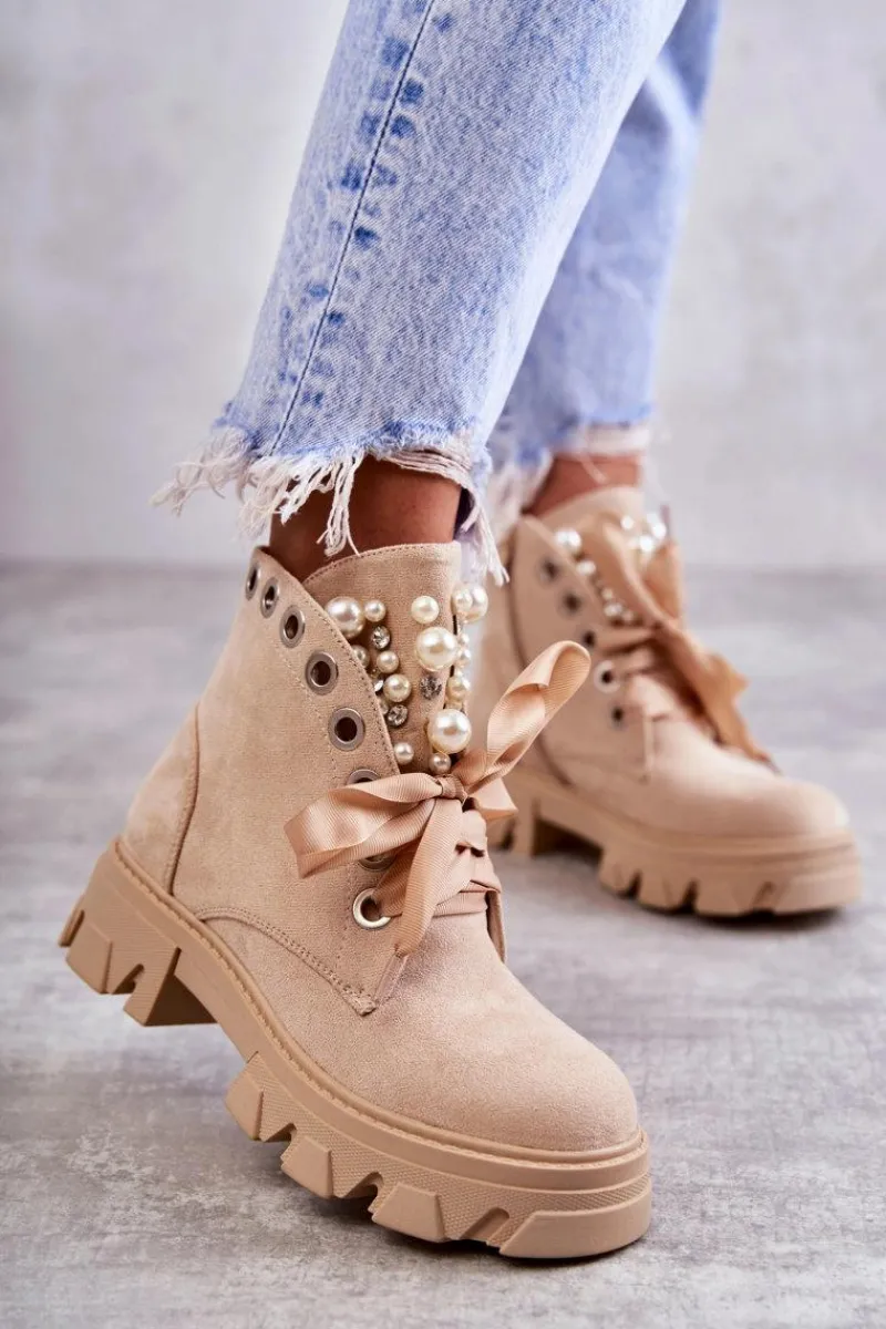 Online Boto Zamszowe Ocieplane Botki Z Perłami Beżowe Roco