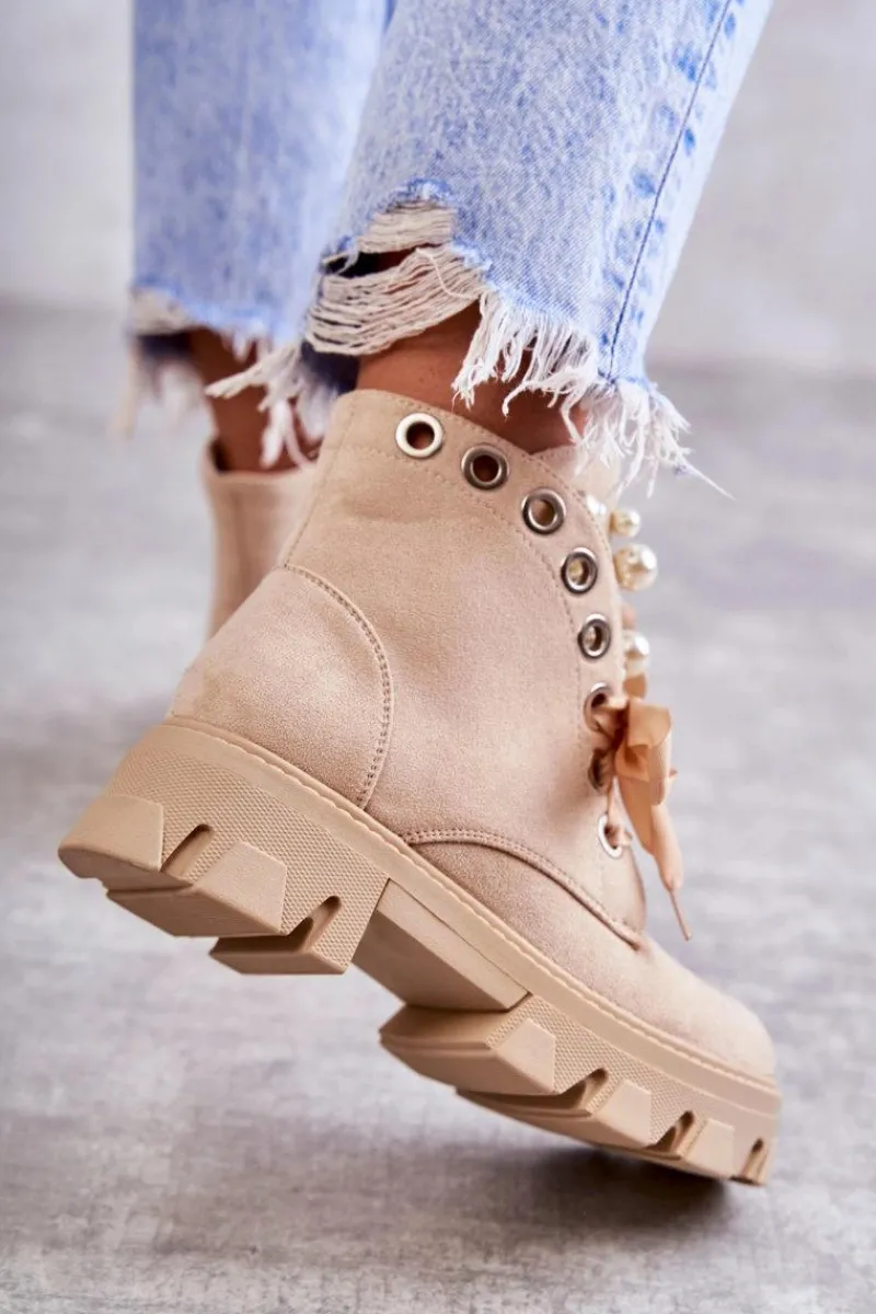 Online Boto Zamszowe Ocieplane Botki Z Perłami Beżowe Roco