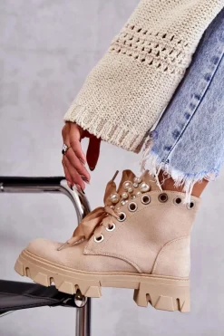 Online Boto Zamszowe Ocieplane Botki Z Perłami Beżowe Roco