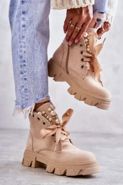 Online Boto Zamszowe Ocieplane Botki Z Perłami Beżowe Roco