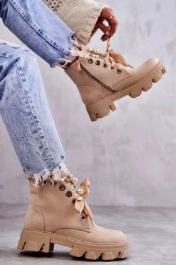 Online Boto Zamszowe Ocieplane Botki Z Perłami Beżowe Roco