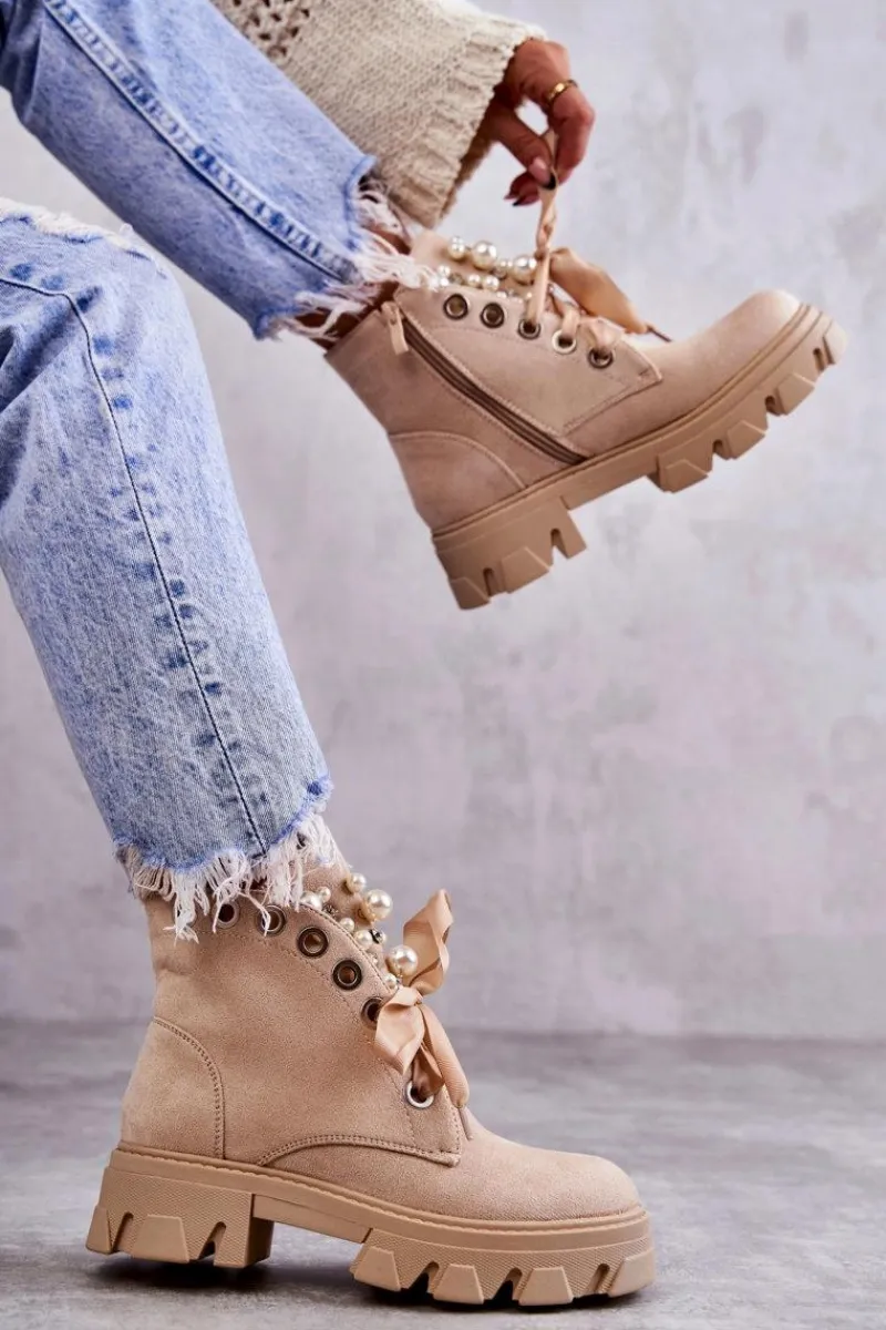 Online Boto Zamszowe Ocieplane Botki Z Perłami Beżowe Roco