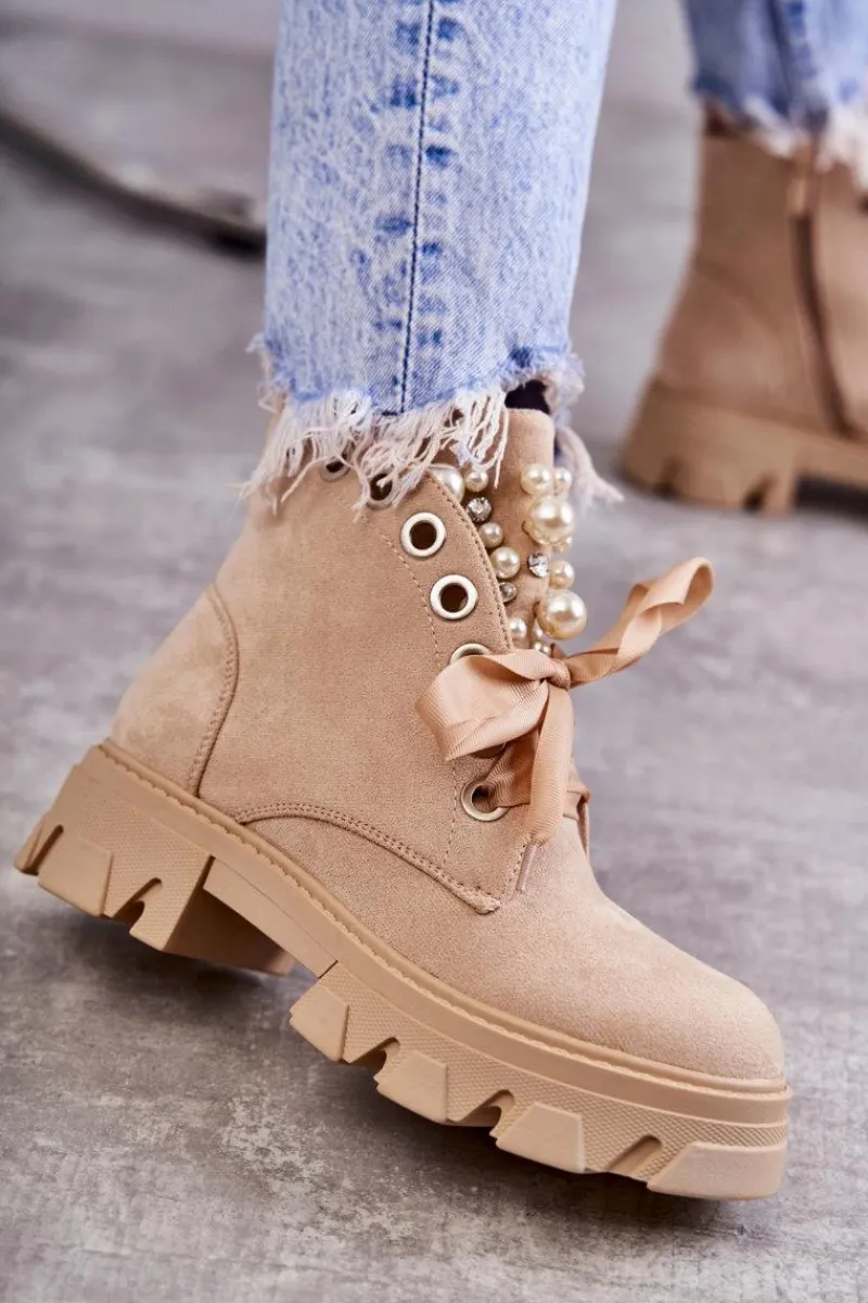 Online Boto Zamszowe Ocieplane Botki Z Perłami Beżowe Roco