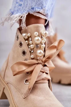 Online Boto Zamszowe Ocieplane Botki Z Perłami Beżowe Roco