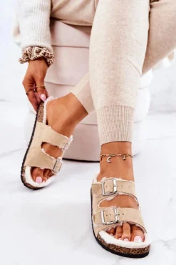 Klapki Korkowe|Klapki Damskie Klasyczne>Boto Zamszowe Ocieplane Klapki Beżowe Adeline