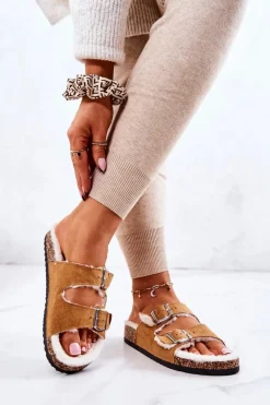 Discount Zamszowe Ocieplane Klapki Camel Adeline Damskie Klapki Korkowe|Klapki Damskie Klasyczne