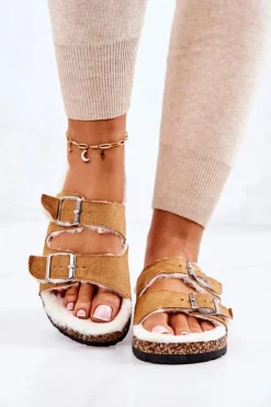 Discount Zamszowe Ocieplane Klapki Camel Adeline Damskie Klapki Korkowe|Klapki Damskie Klasyczne