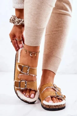 Discount Zamszowe Ocieplane Klapki Camel Adeline Damskie Klapki Korkowe|Klapki Damskie Klasyczne