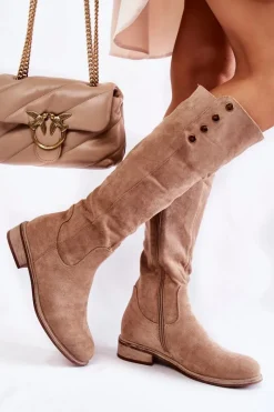 Kozaki Płaskie|Kozaki Przed Kolano>Damskie buty S.Barski Zamszowe Ocieplane Kozaki Na Płaskim Obcasie Beżowe Laura