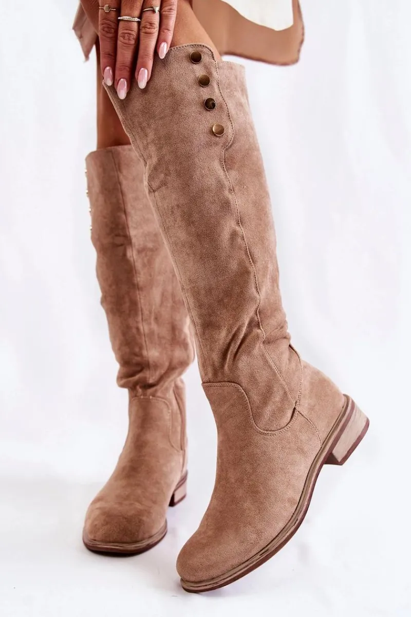 Kozaki Płaskie|Kozaki Przed Kolano>Damskie buty S.Barski Zamszowe Ocieplane Kozaki Na Płaskim Obcasie Beżowe Laura