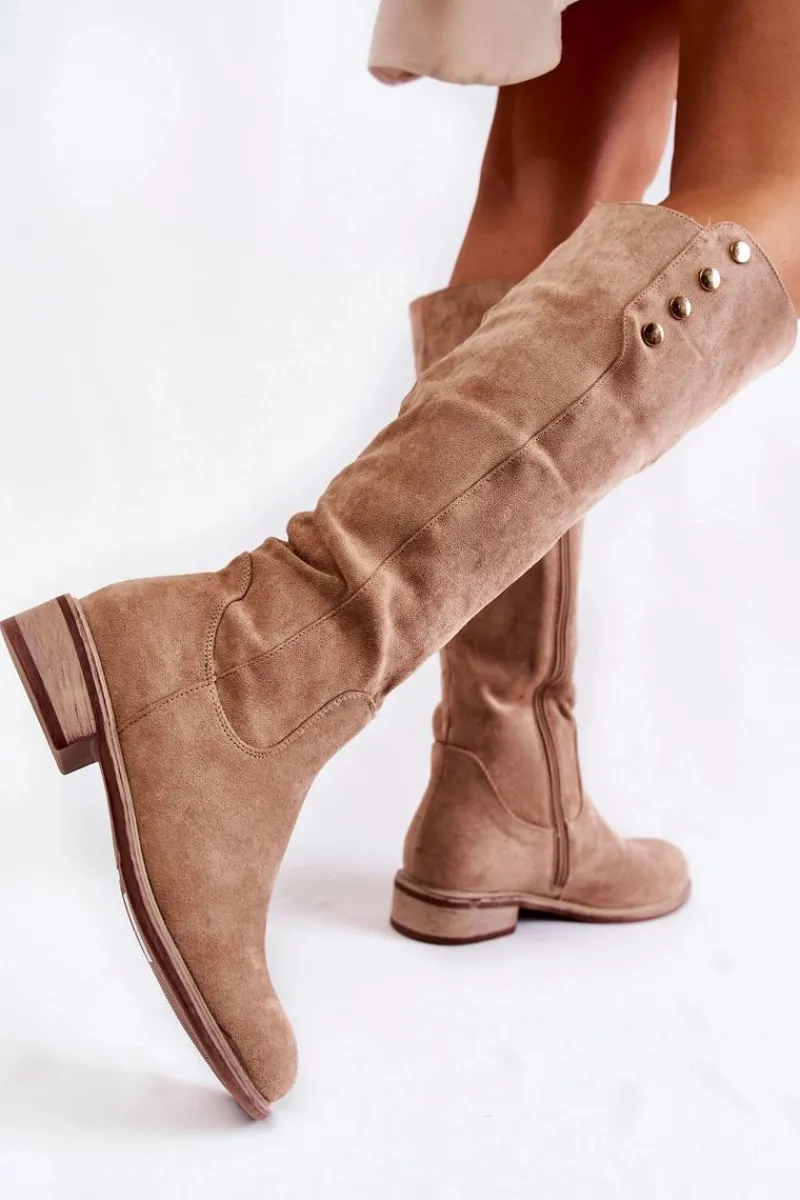 Kozaki Płaskie|Kozaki Przed Kolano>Damskie buty S.Barski Zamszowe Ocieplane Kozaki Na Płaskim Obcasie Beżowe Laura