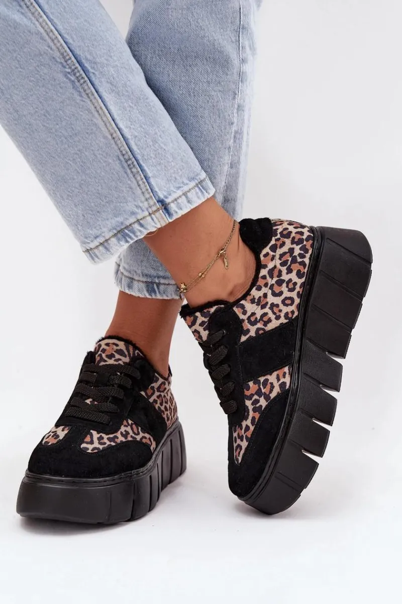 Discount Zamszowe Ocieplane Sneakersy Damskie Na Masywnej Platformie Vinceza 66841 Panterka Czarne Damskie Sneakersy Damskie