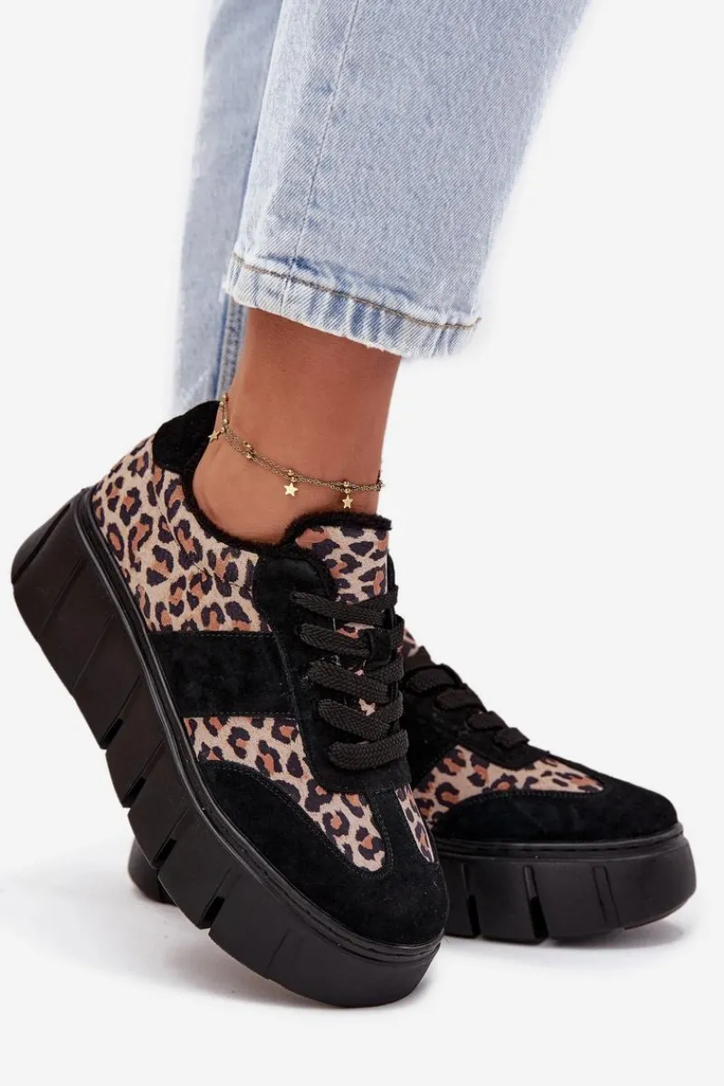 Discount Zamszowe Ocieplane Sneakersy Damskie Na Masywnej Platformie Vinceza 66841 Panterka Czarne Damskie Sneakersy Damskie