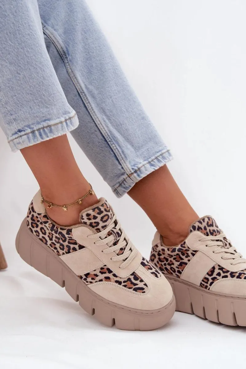 Sale Buty damskie Vinceza Zamszowe Ocieplane Sneakersy Damskie Na Masywnej Platformie Vinceza 66841 Panterka Beżowe Beżowy