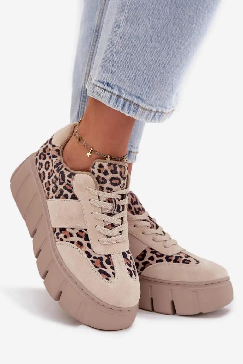 Sale Buty damskie Vinceza Zamszowe Ocieplane Sneakersy Damskie Na Masywnej Platformie Vinceza 66841 Panterka Beżowe Beżowy