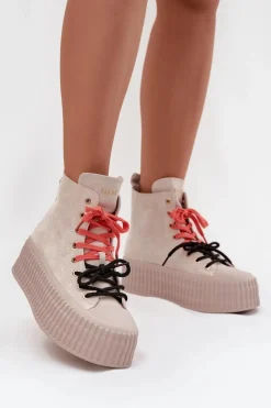 Best Zamszowe Ocieplane Trampki Damskie Na Masywnej Platformie SS2N4047 Beżowe Damskie Trampki Damskie Wysokie