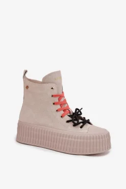 Best Zamszowe Ocieplane Trampki Damskie Na Masywnej Platformie SS2N4047 Beżowe Damskie Trampki Damskie Wysokie