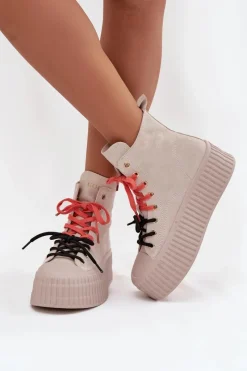 Best Zamszowe Ocieplane Trampki Damskie Na Masywnej Platformie SS2N4047 Beżowe Damskie Trampki Damskie Wysokie