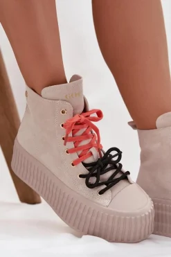 Best Zamszowe Ocieplane Trampki Damskie Na Masywnej Platformie SS2N4047 Beżowe Damskie Trampki Damskie Wysokie