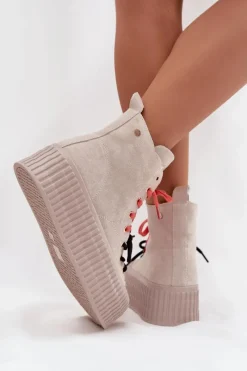 Best Zamszowe Ocieplane Trampki Damskie Na Masywnej Platformie SS2N4047 Beżowe Damskie Trampki Damskie Wysokie