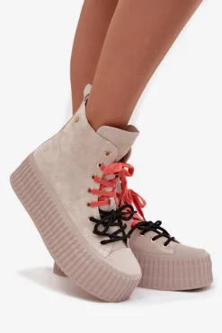 Best Zamszowe Ocieplane Trampki Damskie Na Masywnej Platformie SS2N4047 Beżowe Damskie Trampki Damskie Wysokie