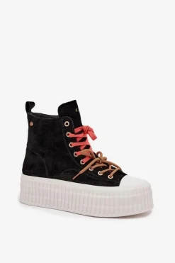 Outlet GOE Zamszowe Ocieplane Trampki Damskie Na Masywnej Platformie SS2N4046 Czarne Czarny