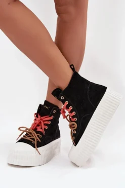 Outlet GOE Zamszowe Ocieplane Trampki Damskie Na Masywnej Platformie SS2N4046 Czarne Czarny