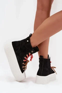 Outlet GOE Zamszowe Ocieplane Trampki Damskie Na Masywnej Platformie SS2N4046 Czarne Czarny