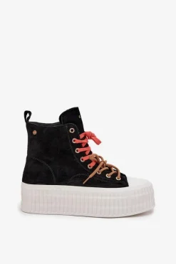 Outlet GOE Zamszowe Ocieplane Trampki Damskie Na Masywnej Platformie SS2N4046 Czarne Czarny