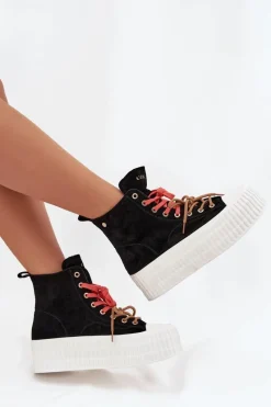 Outlet GOE Zamszowe Ocieplane Trampki Damskie Na Masywnej Platformie SS2N4046 Czarne Czarny