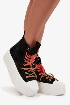 Outlet GOE Zamszowe Ocieplane Trampki Damskie Na Masywnej Platformie SS2N4046 Czarne Czarny