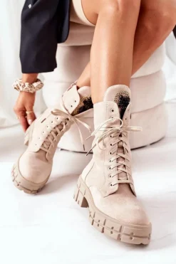 Botki Sznurowane|Botki Zimowe Damskie>Boto Zamszowe Ocieplane Workery Z Kamieniami Beżowe Hadley