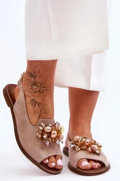 Zamszowe Płaskie Sandały Nicole 2805/042 Beżowe Damskie Sandały Płaskie