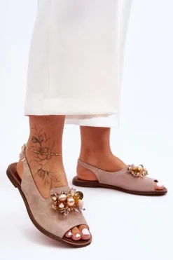 Zamszowe Płaskie Sandały Nicole 2805/042 Beżowe Damskie Sandały Płaskie