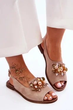 Zamszowe Płaskie Sandały Nicole 2805/042 Beżowe Damskie Sandały Płaskie