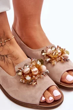 Zamszowe Płaskie Sandały Nicole 2805/042 Beżowe Damskie Sandały Płaskie